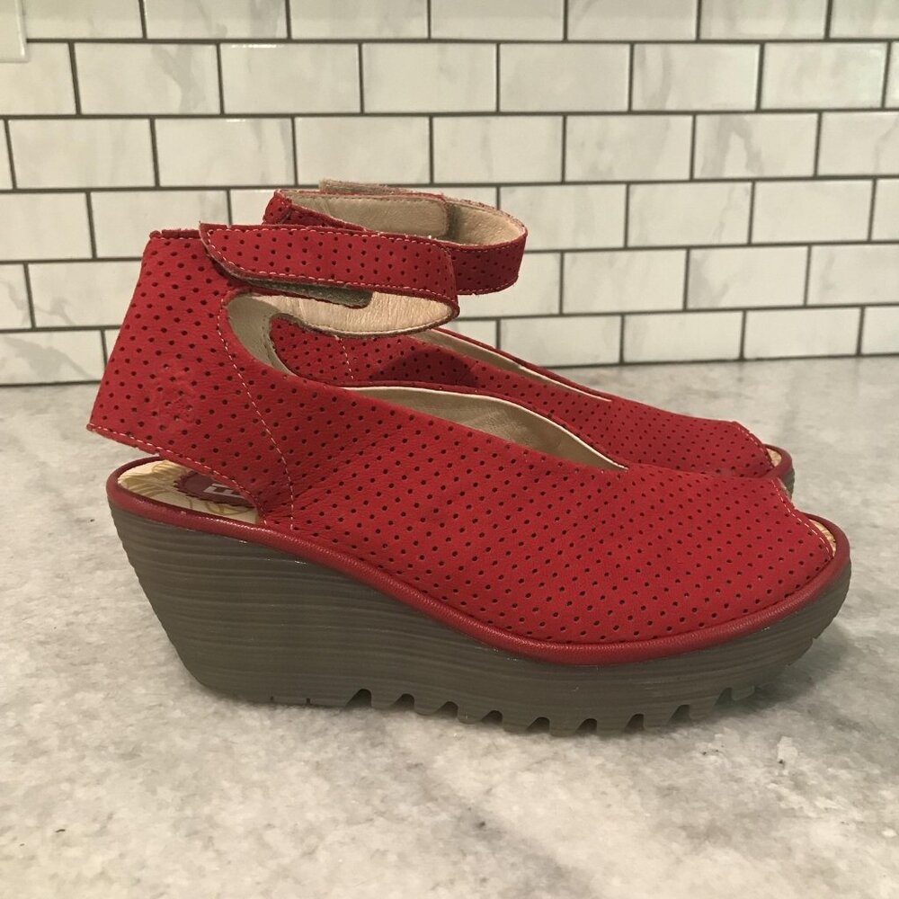 Fly London Shoes Womens 37 US Size 6.5 Red Wedge Sandals Perforated Leather